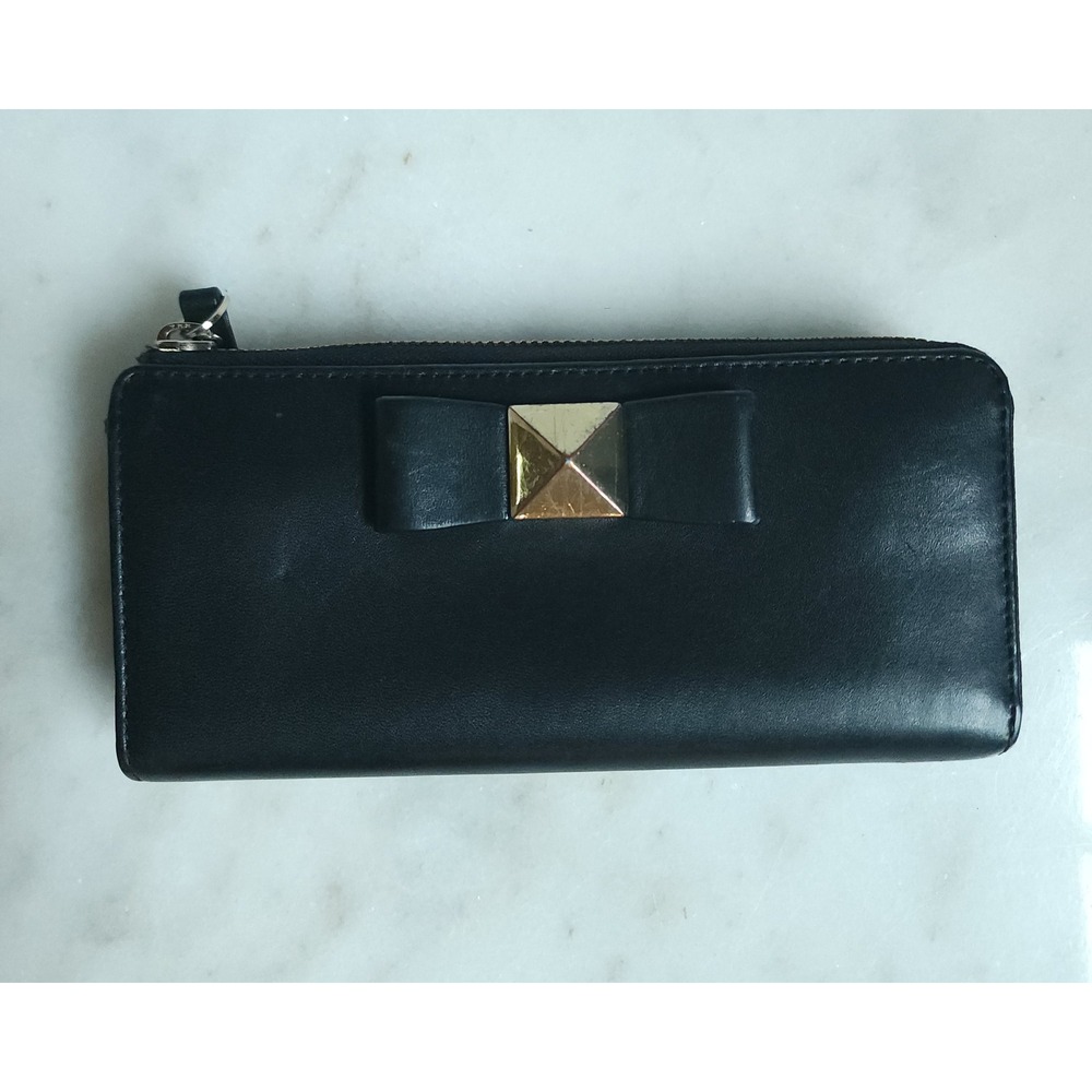Kate Spade Black Leather Wallet Womens Bow Studded Zip Around Gold Tone Designer